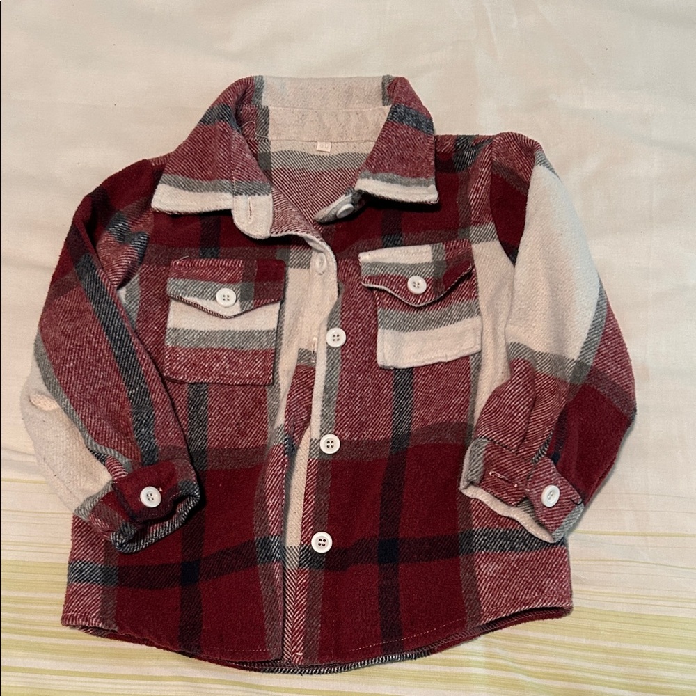 Red cream navy and gray button up plaid shirt fits 3T toddler boy